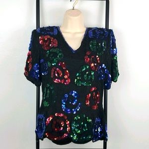 Stenay Silk Beaded Evening Top M V-Neck Luxury Disco Party